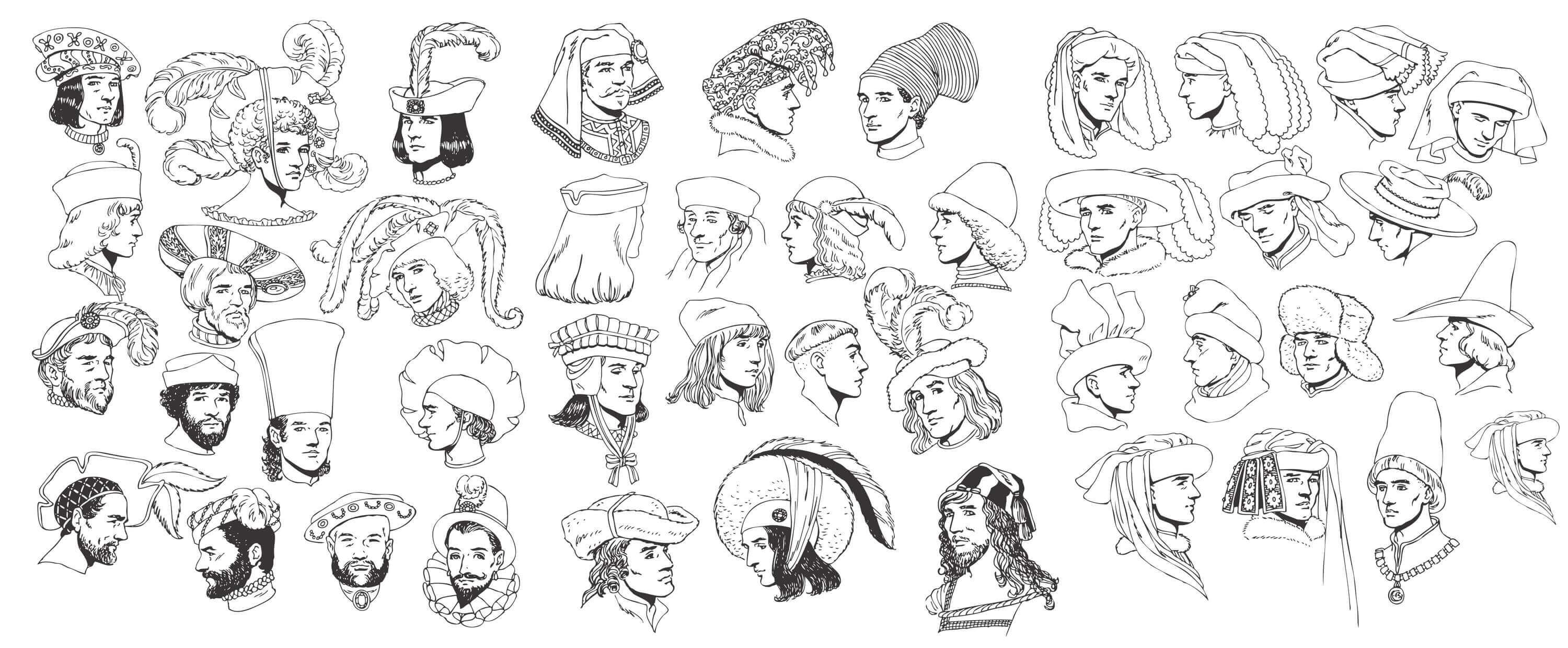 Renaissance Tradition of Human Head and Hats Vectors png