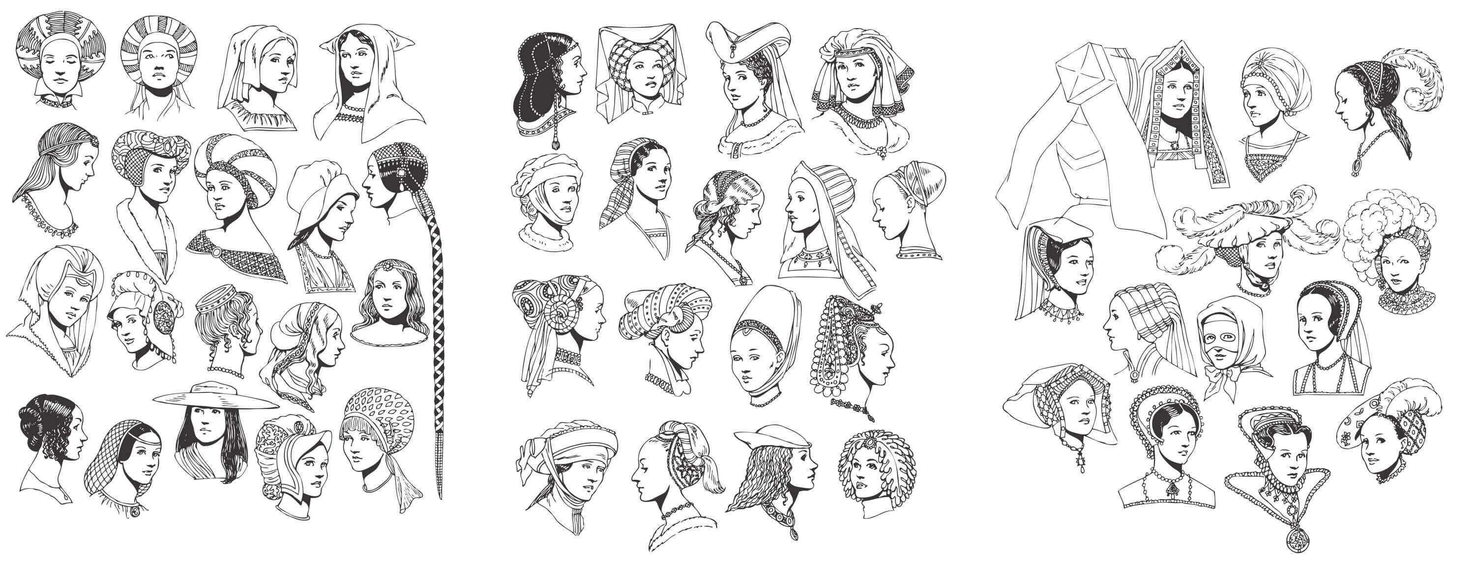 Renaissance Tradition of Woman Head and Hats Vectors png