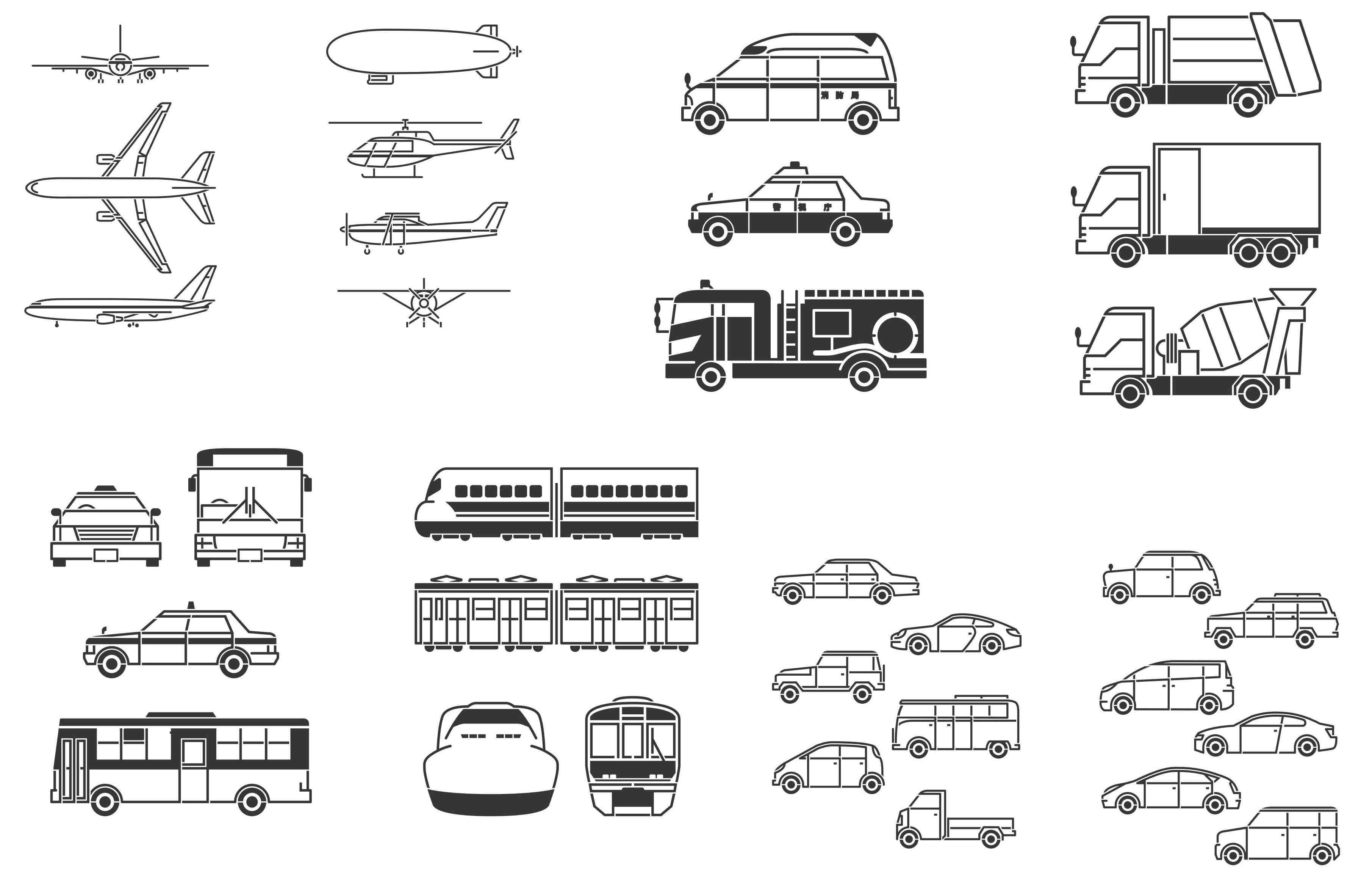 Transport, Plane, Helicopter, Car, Truck, Train, Bus Silhouettes png