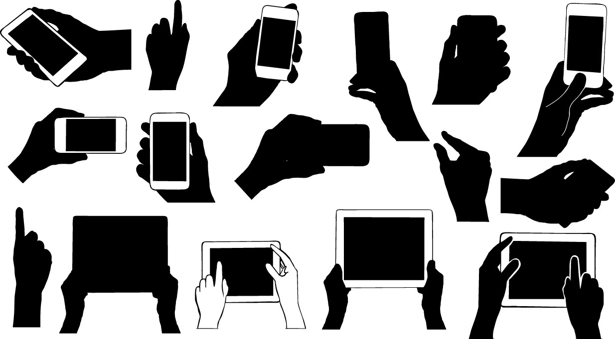 Hands holding electronic device silhouettes png